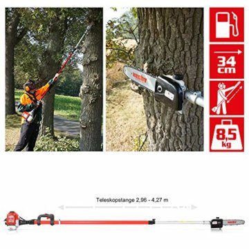 HECHT Benzin Hochentaster Teleskopsäge Motorsäge mit 26 ccm Hubraum, 34 cm Schwert und Teleskobstange bis zu 4,27 m Verlängerung für kraftvolles sicheres sägen in hohen Baumkronen (Hochentaster Rot) - 3