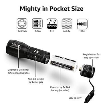 LE LED Taschenlampe, Extrem Hell zoombare Taschenlampen für Outdoor, Mini Tragbarer Flashlight, Wasserdicht Camping Handlampe für Kinder, Männer, Frauen (inkl.3xAAA-Batterien ) - 6