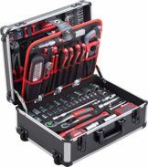 Meister Werkzeugtrolley 156-teilig - Werkzeug-Set-Mit Rollen- Teleskophandgriff/Profi Werkzeugkoffer befüllt/Werkzeugkiste fahrbar auf Rollen/Werkzeugbox komplett mit Werkzeug, Schwarz/Silber, 8971440 - 1