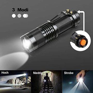 PUAIDA Mini LED Taschenlampe, Superhelle Zoombar LED Taschenlampen mit 3 Modi, Wasserdichte Handlampe Taschenlampen für Kinder, Geschenk, Angeln, Wandern und Camping (2 Stück) - 4