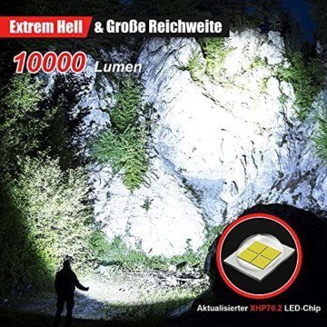 Shadowhawk Taschenlampe Led 10000 Lumen, Extrem Hell Taschenlampe USB Aufladbar Taktische Taschenlampen Mit holster XHP70.2, IP67 Wasserdicht 5 Lichtmodi für Camping Wandern Notfälle(26650 Akku) - 2