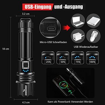 Shadowhawk Taschenlampe Led 10000 Lumen, Extrem Hell Taschenlampe USB Aufladbar Taktische Taschenlampen Mit holster XHP70.2, IP67 Wasserdicht 5 Lichtmodi für Camping Wandern Notfälle(26650 Akku) - 5