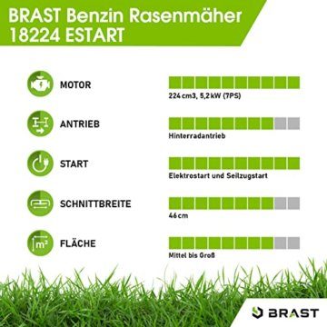 BRAST Benzin Rasenmäher mit Antrieb | 5,2kW(7PS) | Elektrostart | 46cm Schnittbreite | viele Modelle | TÜV | 4 Takt OHV Motor | 30-80mm Schnitthöhe | 60L Fangkorb | Stahlgehäuse | 18224 ESTART - 3