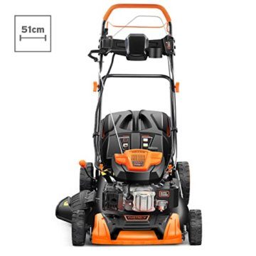 FUXTEC Benzin Rasenmäher FX-RM5196eS 4in1-6PS | 4-Takt Mäher mit Selbstantrieb & E-Start | 51cm Schnittbreite & Schnitthöhenverstellung - Inkl. 60L Grasfangkorb, Mulchfunktion & Seitenauswurf - 3