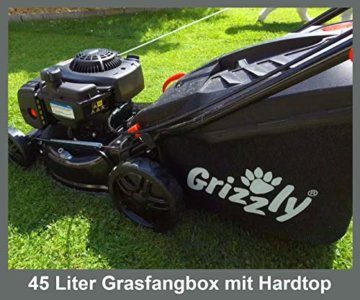 Grizzly Tools Benzin Rasenmäher mit Briggs & Stratton 125 cc 4-Takt Motor - 6 Fach Höhenverstellung - 42 cm Schnittbreite - Reinigungsanschluss - 45l Fangkorb mit Hardtop - Black Edition - 6