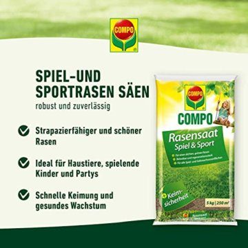 COMPO Rasensaat Spiel und Sport, Universelle Rasenmischung mit Rasensamen / Grassamen, 8 kg, 400 m² - 2