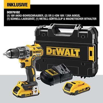 DeWalt Akku-Bohrschrauber / Akkuschrauber (18V, 2.0 Ah, bürstenlos, mit Zwei-Gang-Vollmetallgetriebe, 15 Drehmomentstufen, inkl. zwei XR Akkus, System-Schnellladegerät und Tstak-Box), DCD791D2 - 2