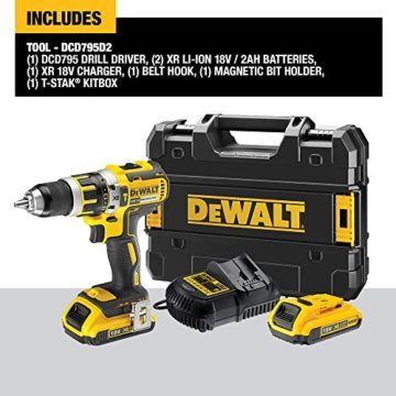 DEWALT - XR 18V Li-Ion 2Ah bürstenloser Schlagschrauber-Bohrer - DCD795D2-QW - Akku-Bohrmaschine mit Koffer, 2 Akkus/Ladegerät - 2 Geschwindigkeiten (0-600/2000 U/min) - 13 mm Chuck - 360 W - 6