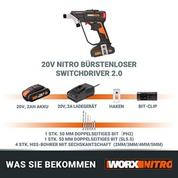 WORX WX177 NITRO Akku-Bohrschrauber Switchdriver 2.0 20V – starke bürstenloser Motor bis 50Nm Drehmoment – schneller Wechsel zwischen 2 Bits – präzise Drehmomentsteuerung – inkl. Akkus & Ladegerät - 6