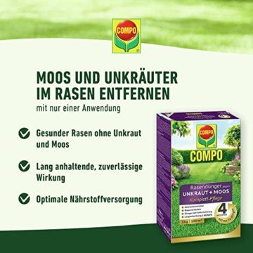 COMPO Rasendünger gegen Unkraut + Moos Komplett-Pflege, Rasendünger mit Unkrautvernichter, Moosvernichter, 3 Monate Langzeitwirkung, 9 kg, 300m² - 2