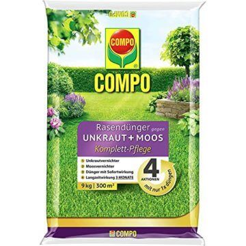 COMPO Rasendünger gegen Unkraut + Moos Komplett-Pflege, Rasendünger mit Unkrautvernichter, Moosvernichter, 3 Monate Langzeitwirkung, 9 kg, 300m² - 1