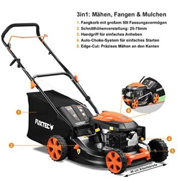 FUXTEC Benzin Rasenmäher FX-RM4646ECO 3in1-3,5PS | 4-Takt Mäher | 46cm Schnittbreite & 7-stufige Schnitthöhenverstellung - Inkl. 50L Grasfangkorb & Reinigungsanschluss - 2