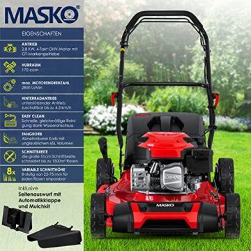 MASKO® Benzin Rasenmäher 5in1 Radantrieb EasyClean Reinigungsfunktion Mulchfunktion Seitenauswurf 51 cm Schnittbreite 8-fache Schnitthöhenverstellung | 4 Takt Motor 2,8 kW 6,0 PS | 65 Liter Fangkorb - 2