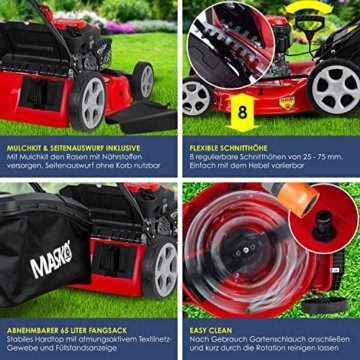 MASKO® Benzin Rasenmäher 5in1 Radantrieb EasyClean Reinigungsfunktion Mulchfunktion Seitenauswurf 51 cm Schnittbreite 8-fache Schnitthöhenverstellung | 4 Takt Motor 2,8 kW 6,0 PS | 65 Liter Fangkorb - 3