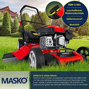 MASKO® Benzin Rasenmäher 5in1 Radantrieb EasyClean Reinigungsfunktion Mulchfunktion Seitenauswurf 51 cm Schnittbreite 8-fache Schnitthöhenverstellung | 4 Takt Motor 2,8 kW 6,0 PS | 65 Liter Fangkorb - 8