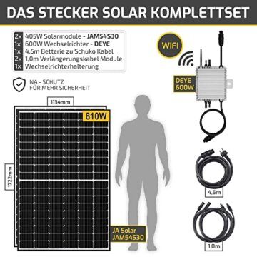 Solakon® Balkonkraftwerk 810W / 600W Steckdose - Solaranlage Komplettset - Plug & Play Balkon Solaranlage - 2x 405W Solarmodule, 1x 600W Wechselrichter Deye & Zubehör - Photovoltaik Komplettanlage - 5