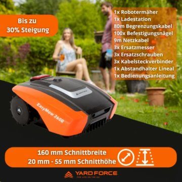 Yard Force FORCE Mähroboter EasyMow 260B bis zu 260 qm - Selbstfahrender Rasenmähroboter, einfache Bedienung, Bluetooth- und App-Steuerung, 30% Steigung und 20 V / 2,0 Ah Lithium-Ionen-Akku, 260 M² - 3