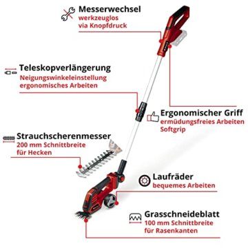 Einhell Akku-Gras- und Strauchschere GE-CG 18/100 Li T-Solo Power X-Change (Li-Ion, 18 V, Teleskopstiel, Schnittbreite Grasschneideblatt 100 mm, Strauchscherenmesser 200 mm, ohne Akku und Ladegerät) - 3