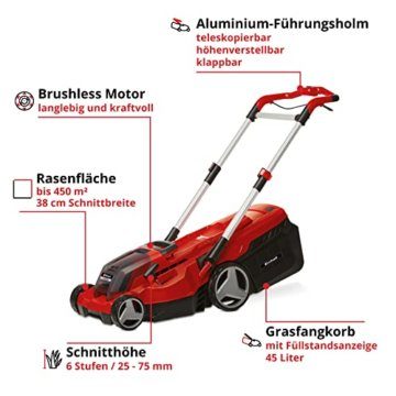 Einhell Akku-Rasenmäher RASARRO 36/38 Kit Power X-Change (36 V, 38 cm Schnittbreite, 450 m², Brushless, Mulchfunktion, 45L Fangkorb, inkl. 2x 4,0 Ah Akkus + Twincharger) - 3