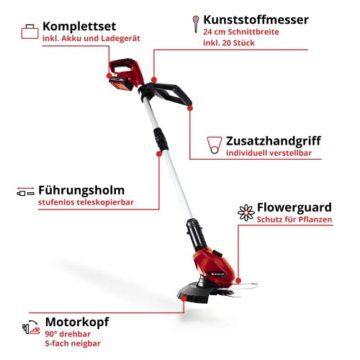 Einhell Akku-Rasentrimmer GE-CT 18 Li Kit Power X-Change (Li-Ion, 18V, Motorkopf drehbar, Flowerguard, inkl 20 Kunststoffmesser, inkl. 2,0Ah Akku und Ladegerät), Rot/Schwarz - 2