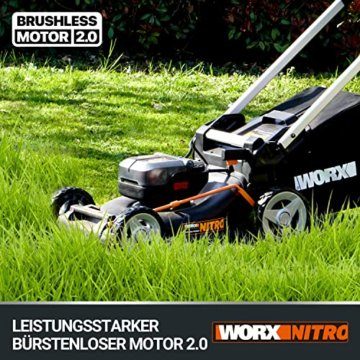 WORX WG749E Nitro Akku-Rasenmäher 40V - starker bürstenloser Motor - 46cm Schnittbreite - mähen bis zu 500 ㎡ - mit zusätzlichem Antrieb - 7 Schnitthöhenstufe - inkl. 2X 4Ah Akkus & Dual-Ladengerät - 4
