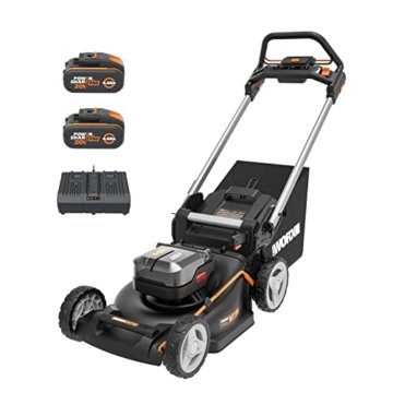 WORX WG749E Nitro Akku-Rasenmäher 40V - starker bürstenloser Motor - 46cm Schnittbreite - mähen bis zu 500 ㎡ - mit zusätzlichem Antrieb - 7 Schnitthöhenstufe - inkl. 2X 4Ah Akkus & Dual-Ladengerät - 1