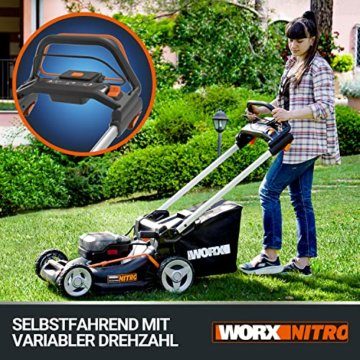 WORX WG749E Nitro Akku-Rasenmäher 40V - starker bürstenloser Motor - 46cm Schnittbreite - mähen bis zu 500 ㎡ - mit zusätzlichem Antrieb - 7 Schnitthöhenstufe - inkl. 2X 4Ah Akkus & Dual-Ladengerät - 5