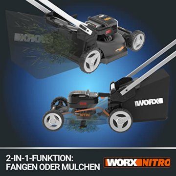 WORX WG749E Nitro Akku-Rasenmäher 40V - starker bürstenloser Motor - 46cm Schnittbreite - mähen bis zu 500 ㎡ - mit zusätzlichem Antrieb - 7 Schnitthöhenstufe - inkl. 2X 4Ah Akkus & Dual-Ladengerät - 6