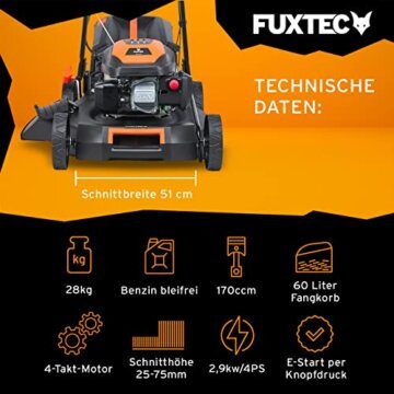 FUXTEC 4in1 Benzin Rasenmäher FX-RM5170eS mit E-Start - 4PS/2,9kW | 51cm Schnittbreite & Höhenverstellung 25mm-75mm | 4-Takt mit Hinterradantrieb - 60L Grasfangkorb, Mulchfunktion & Seitenauswurf - 3