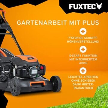 FUXTEC 4in1 Benzin Rasenmäher FX-RM5170eS mit E-Start - 4PS/2,9kW | 51cm Schnittbreite & Höhenverstellung 25mm-75mm | 4-Takt mit Hinterradantrieb - 60L Grasfangkorb, Mulchfunktion & Seitenauswurf - 4