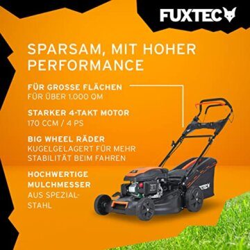FUXTEC 4in1 Benzin Rasenmäher FX-RM5170eS mit E-Start - 4PS/2,9kW | 51cm Schnittbreite & Höhenverstellung 25mm-75mm | 4-Takt mit Hinterradantrieb - 60L Grasfangkorb, Mulchfunktion & Seitenauswurf - 5