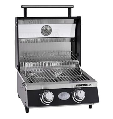 RÖSLE Gasgrill BBQ-Portable VIDERO G2-P, tragbarer Tischgrill mit 2 Edelstahlbrennern, Warmhalterost und Deckel mit Glaseinsatz sowie Deckelthermometer, pulverbeschichteter Stahl, 50 mbar - 2