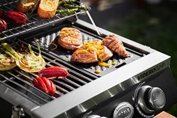 RÖSLE Gasgrill BBQ-Portable VIDERO G2-P, tragbarer Tischgrill mit 2 Edelstahlbrennern, Warmhalterost und Deckel mit Glaseinsatz sowie Deckelthermometer, pulverbeschichteter Stahl, 50 mbar - 8