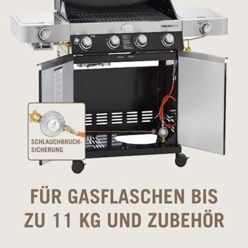 RÖSLE Gasgrill BBQ-Station VIDERO G4-S Schwarz, Grill mit 4 Edelstahlbrennern, extra Primezone und Seitenbrenner, klappbare Seitentische, VARIO+, pulverbeschichteter Stahl - 6