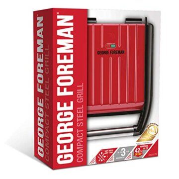 George Foreman Kontaktgrill & Panini- / Sandwichgrill [Größe 24x17cm - für 3 Portionen] Compact Steel Rot (für Fleisch, Fisch und Gemüse, Panini und Sandwichmaker, Reduziert bis zu 42 % Fett)25030-56 - 2