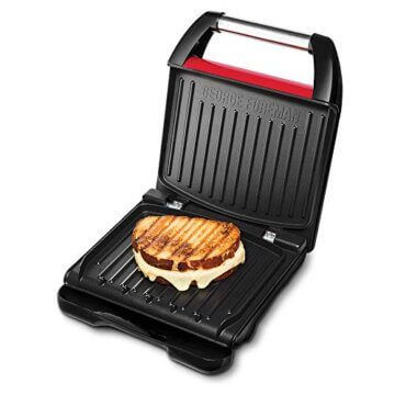 George Foreman Kontaktgrill & Panini- / Sandwichgrill [Größe 24x17cm - für 3 Portionen] Compact Steel Rot (für Fleisch, Fisch und Gemüse, Panini und Sandwichmaker, Reduziert bis zu 42 % Fett)25030-56 - 1