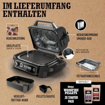 Ninja Woodfire Elektrogrill, Camping-Grill mit Smoker-& Heißluftfritteuse, 7-in-1-Outdoor Grill, räuchern, braten, backen, wetterfest, antihaftbeschichtet, tragbar, Grau/Schwarz OG701EU - 2