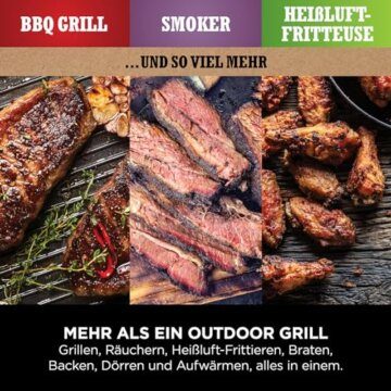 Ninja Woodfire Elektrogrill, Camping-Grill mit Smoker-& Heißluftfritteuse, 7-in-1-Outdoor Grill, räuchern, braten, backen, wetterfest, antihaftbeschichtet, tragbar, Grau/Schwarz OG701EU - 3