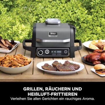 Ninja Woodfire Elektrogrill, Camping-Grill mit Smoker-& Heißluftfritteuse, 7-in-1-Outdoor Grill, räuchern, braten, backen, wetterfest, antihaftbeschichtet, tragbar, Grau/Schwarz OG701EU - 4