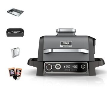 Ninja Woodfire Elektrogrill, Camping-Grill mit Smoker-& Heißluftfritteuse, 7-in-1-Outdoor Grill, räuchern, braten, backen, wetterfest, antihaftbeschichtet, tragbar, Grau/Schwarz OG701EU - 1