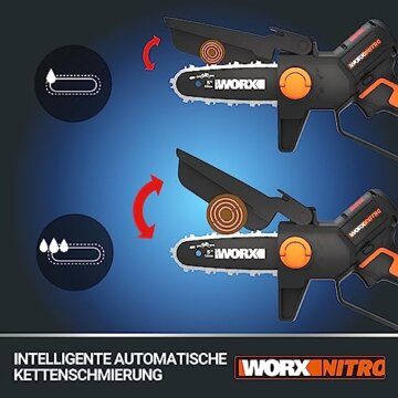 WORX WG325E.9 NITRO Profi Mini Akku-Kettensäge 20V - Einhand Ast-Säge - leistungsstarker Brushless Motor - 12cm Schwertlänge - leicht & kompakt - automatische Kettenschmierung - ohne Akku & Ladegerät - 3