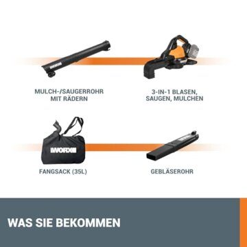 WORX WG583E.9 Akku-Laubbläser/Laubsauger 40V(2x20V) - 2 in 1 zum Laub Zusammenkehren & Aufsaugen - 35L Fangsack - ohne Akku und Ladegerät, Schwarz / Orange - 10