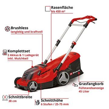 Einhell Akku-Rasenmäher GP-CM 36/450 Kit Power X-Change (36 V, 38 cm Schnittbreite, 450 m², Brushless, Mulchfunktion, 45 L Fangsack, inkl. 2 x 4,0 Ah Akkus + Twincharger) - 3