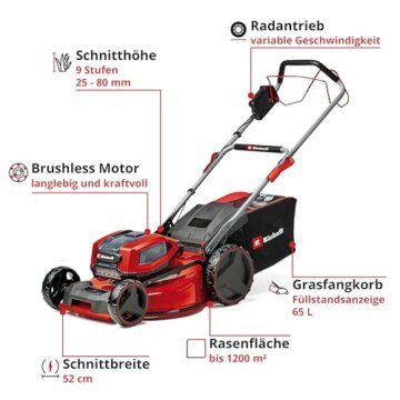 Einhell Akku-Rasenmäher GP-CM 36/52 S Li BL Kit Power X-Change (36 V, 52 cm Schnittbreite, bis 1200 m², Brushless, 65 L Fangkorb, Radantrieb, inkl. 4x 5,2 Ah + 2x Twincharger) - 3