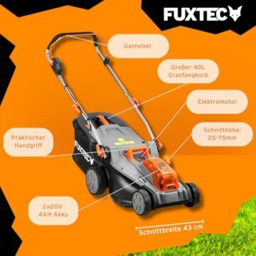 FUXTEC Akku Rasenmäher 40V (2x20V) E2RM43- Schnittbreite 43cm, Variable Schnitthöhe, Elektrorasenmäher, Kabellos (Li-Ion Akku & Ladegerät inklusive) - 6