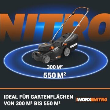 WORX WG737E Nitro Akku-Rasenmäher 40V(2x20V) - leistungsstarke bürstenloser Motor - 37cm Schnittbreite - 6 Schnitthöhenstufe (20-70mm) - 40L Grasfangsack - inkl. 2x4Ah Akkus & Dual-Ladengerät - 4