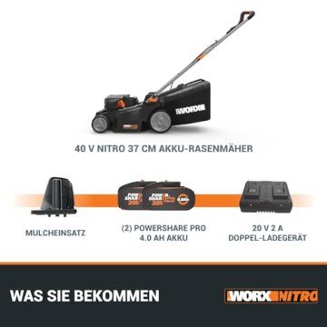 WORX WG737E Nitro Akku-Rasenmäher 40V(2x20V) - leistungsstarke bürstenloser Motor - 37cm Schnittbreite - 6 Schnitthöhenstufe (20-70mm) - 40L Grasfangsack - inkl. 2x4Ah Akkus & Dual-Ladengerät - 6