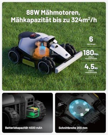 MAMMOTION LUBA Mini AWD 800 Mähroboter ohne Begrezungskabel, NetRTK+Vision, Keine RTK-Antenne erforderlich, Auto-Kartierung, Empf. 800m², Max. 1000m², mit 4G-Modul, 80% Steigung - 8