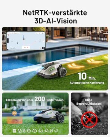 MAMMOTION YUKA Mini 700 Mähroboter ohne Begrenzungskabel, NetRTK+Vision, Keine RTK-Antenne erforderlich, Auto-Kartierung, Empf. 700m², Max. 1100m², mit 4G-Modul, 50% Steigung - 3