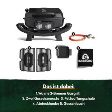 BURNHARD 2-Brenner Gasgrill Wayne 4,4 kW – Tragbarer Balkongrill - Tischgasgrill klein mit Aludruckguss Brennkammer inkl. Abdeckhaube - Gusseisen Grillrost - 7